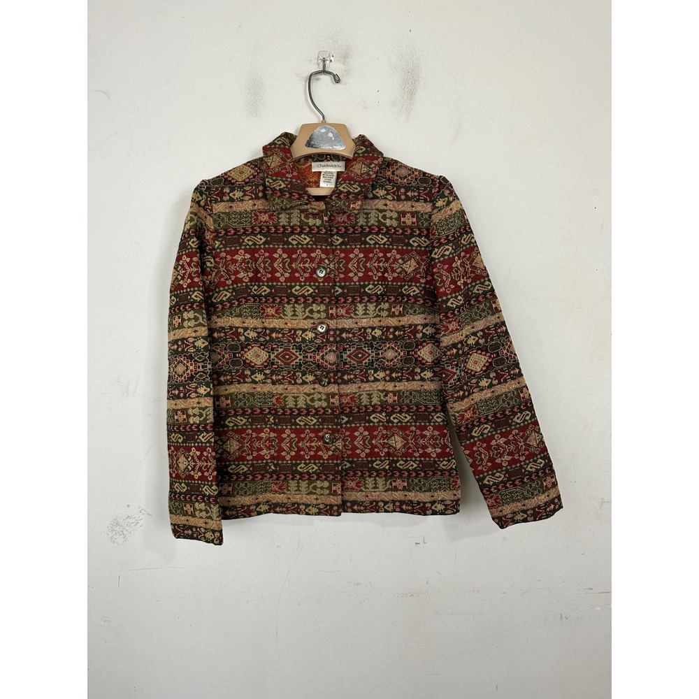 Chadwicks Red Tapestry Jacket Womens 8 Southwestern Geometric Woven Blazer